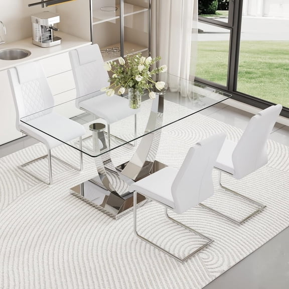 TesNus 63" Glass Dining Table Set for 4, Modern Rectangular Tempered Glass Table with Silver Chrome Base and White PU Leather Chairs for Kitchen Home