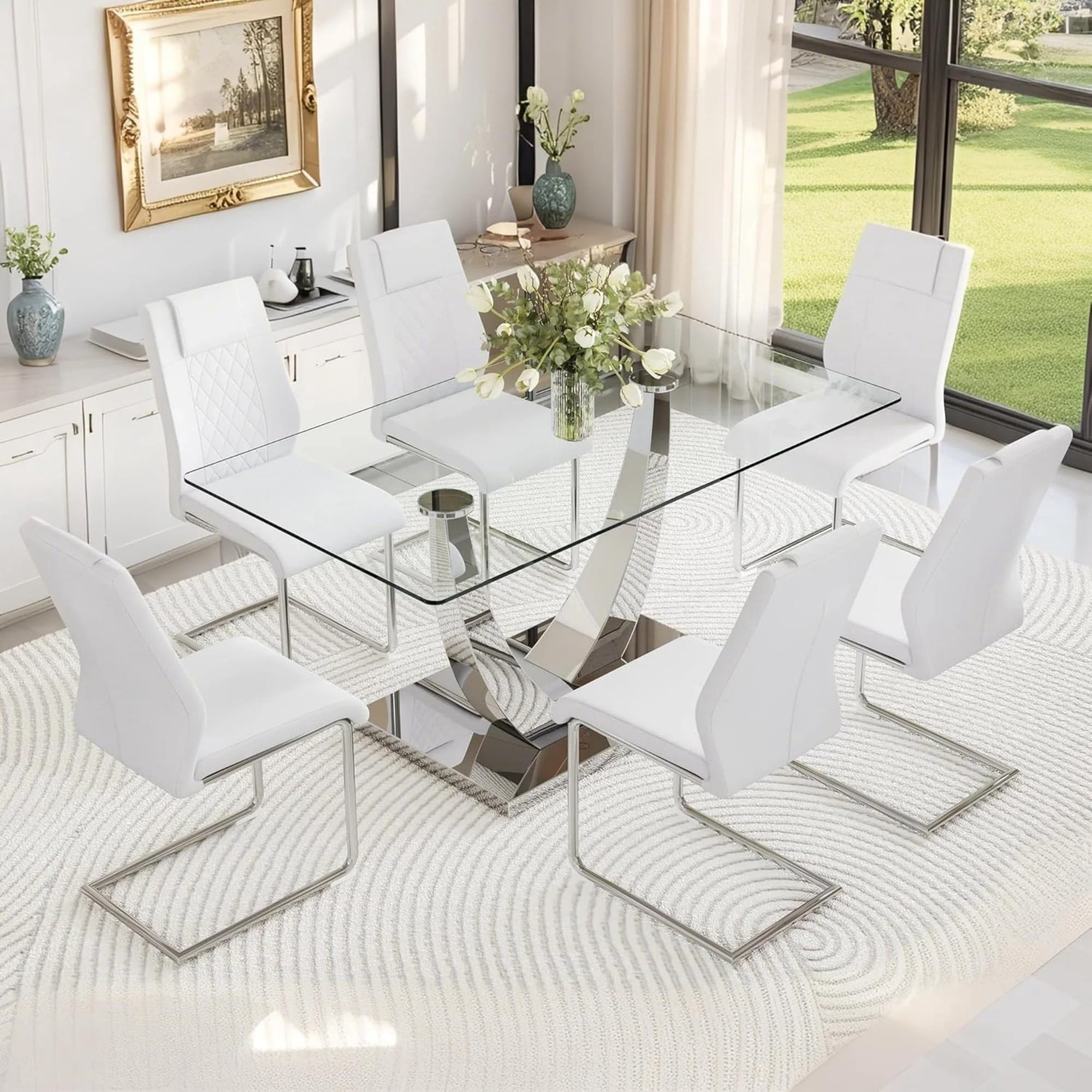 TesNus 63" Glass Dining Table Set for 6, Modern Rectangular Tempered ...