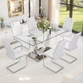thumbnail image 1 of TesNus 63" Glass Dining Table Set for 6, Modern Rectangular Tempered Glass Table with Silver Chrome Base and White PU Leather Chairs for Kitchen Home, 1 of 6