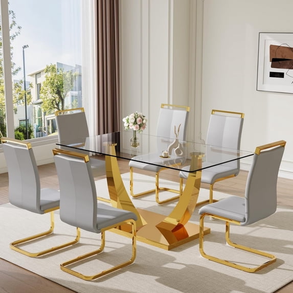 TesNus 7-Piece 63" Glass Dining Table Set, Tempered Glass Table with Gold Metal Base and 6 PU Leather Chairs for Dining Room