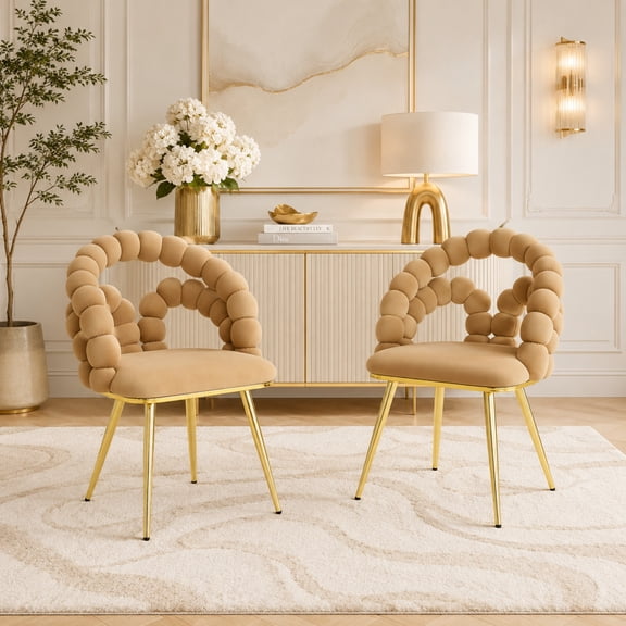 TesNus Accent Chairs Set of 2 Saddle Brown Velvet Bubble Backrest 32 Inch Gold Tapered Metal Legs for Vanity
