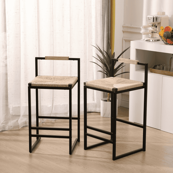TesNus Bar Stools 32.48" H Natural Paper Rope Seat With Back Black Metal Frame Set Of 2 For Dining Room