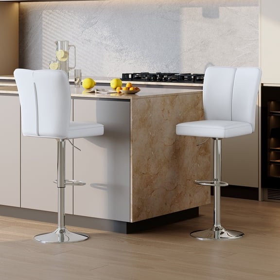 TesNus Bar Stools Set of 2 46.2 inch Height Adjustable PU Leather White Seat Silver Metal Base with Swivel for Dining Room Kitchen Bar