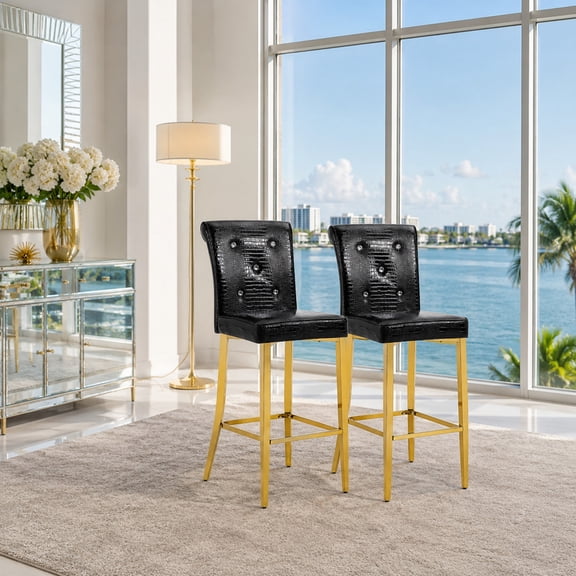 TesNus Bar Stools Set of 2 Black Crocodile Pattern Leather Chair Gold Metal Legs 45 Inch for Kitchen