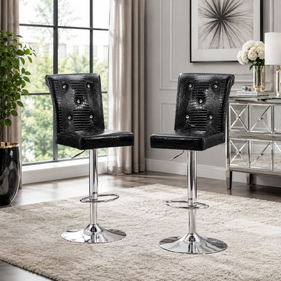 TesNus Bar Stools Set of 2 Black Crocodile Pattern Leather Swivel Lift Chair 49 Inch for Kitchen