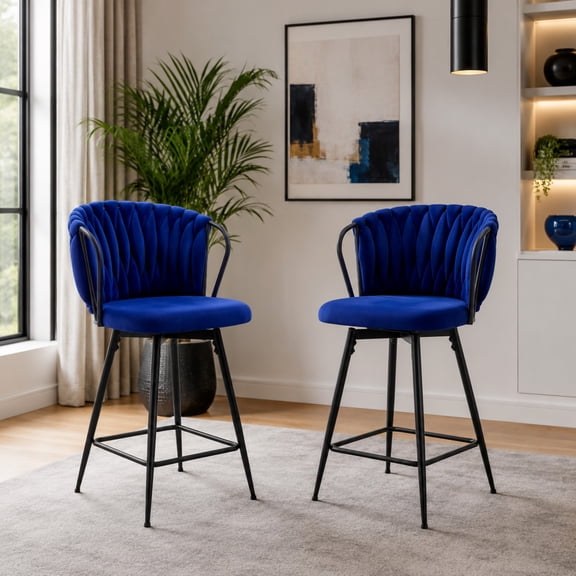 TesNus Bar Stools Set of 2 Modern Blue Velvet Braided Woven Counter Height Chair Black Legs 36 Inch for Kitchen