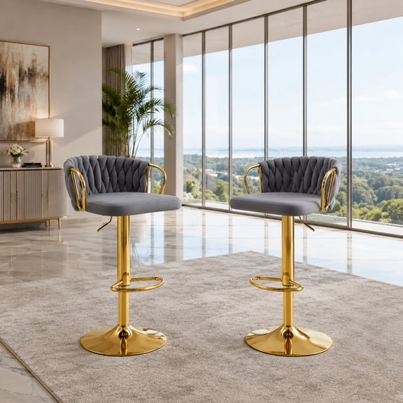 TesNus Bar Stools Set of 2 Modern Gray Velvet Braided Adjustable Swivel Stool Gold Base 40 Inch
