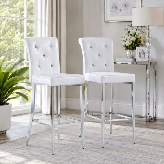 TesNus Bar Stools Set of 2 White Crocodile Pattern Leather Chair Silver Metal Legs 45 Inch for Kitchen