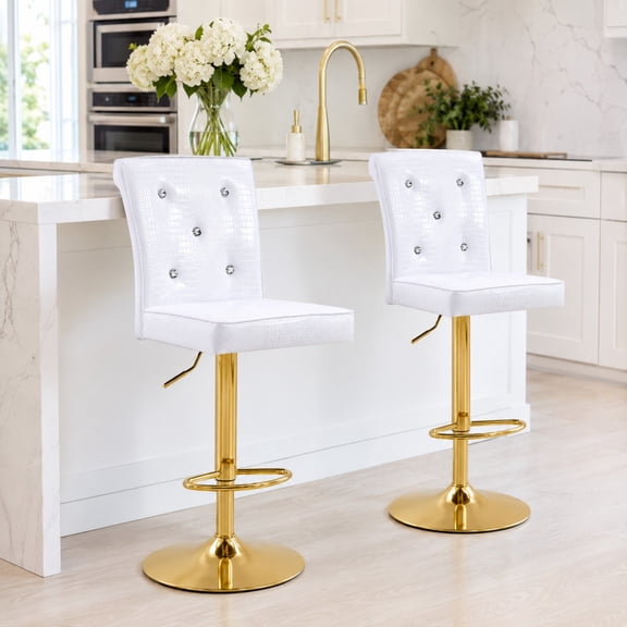 TesNus Bar Stools Set of 2 White Crocodile Pattern Leather Lift Chair 49 Inch for Kitchen