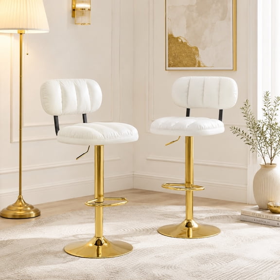 TesNus Bar Stools Set of 2 White PU Leather Adjustable Swivel Stool Gold Base 44 Inch for Kitchen