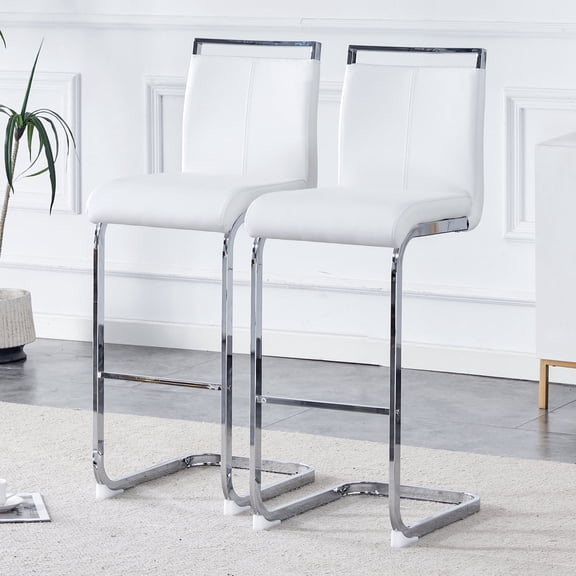 TesNus Bar Stools Set of 2 White PU Leather Silver C-Shaped 42.5 Inch for Kitchen Room