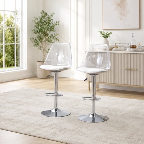 TesNus Bar Stools Set of 2 White PU Leather Swivel Adjustable Lift Chrome Base 47 Inch