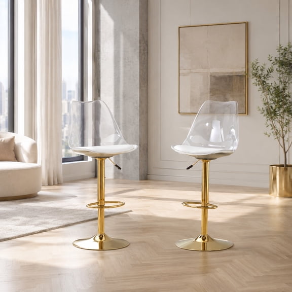 TesNus Bar Stools Set of 2 White PU Leather Swivel Adjustable Lift Gold Base 47 Inch