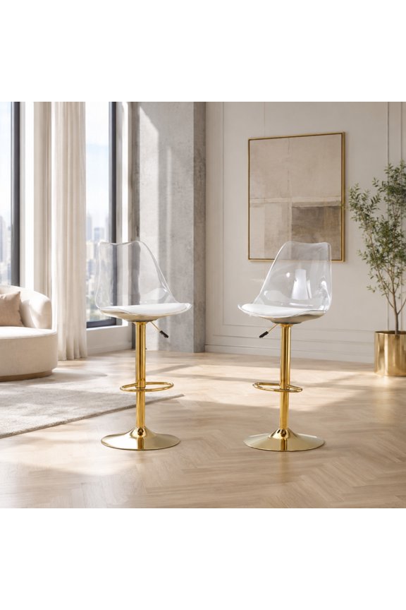 Bar Stools Set of 2 White PU Leather Swivel Adjustable Lift Gold Base 47 Inch