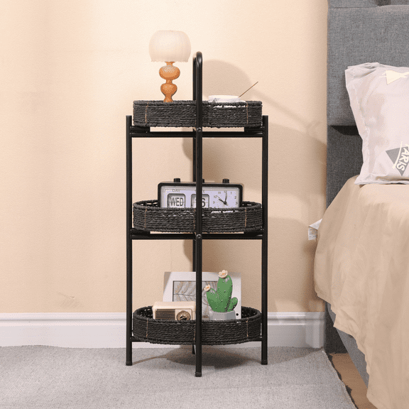 TesNus Black 3-Tier Oval Side Table Handwoven Paper Rope Storage Shelf 11.81 x 8.26 x 28.74 Inch for Primary Living Space