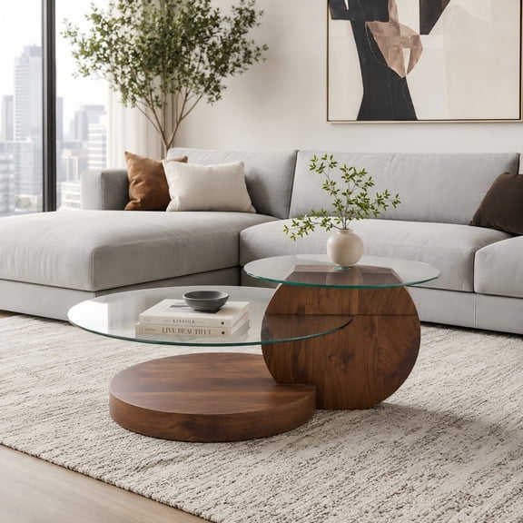 TesNus Coffee Table 23.6-31.5 Inch Round Clear Tempered Glass Dark Walnut Grain MDF Legs for Home