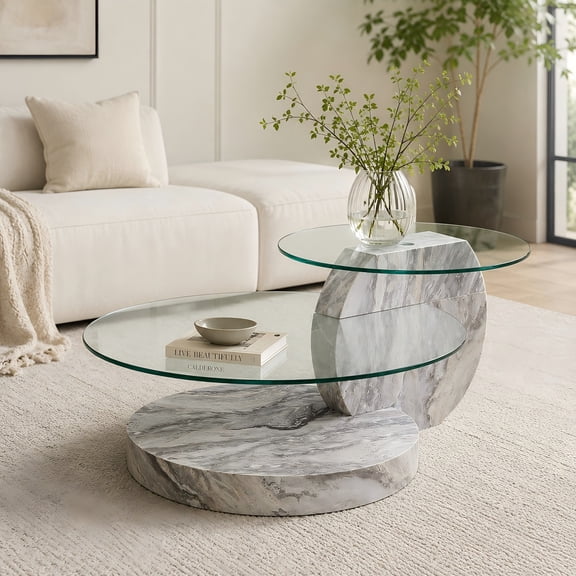 TesNus Coffee Table 23.6-31.5 Inch Round Clear Tempered Glass Gray Marble Pattern MDF Legs for Home