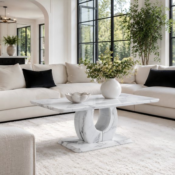 TesNus Coffee Table 43 Inch Rectangular Faux Marble MDF Silver Trim for Living Room