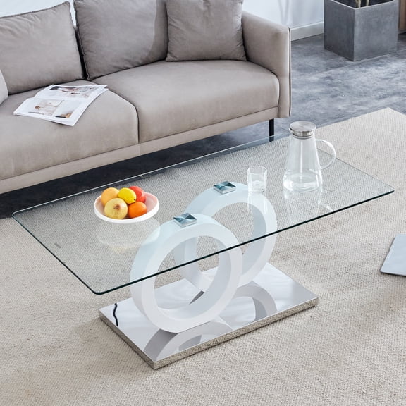TesNus Coffee Table 47 Inch Clear Tempered Glass Modern Geometric Interlocking Rings High Gloss White MDF Base for Living Room