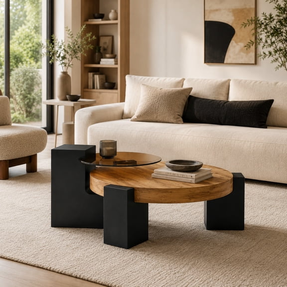 TesNus Coffee Table Double Layer Detachable Round Brown Glass Black MDF Wood Legs 24 Inch