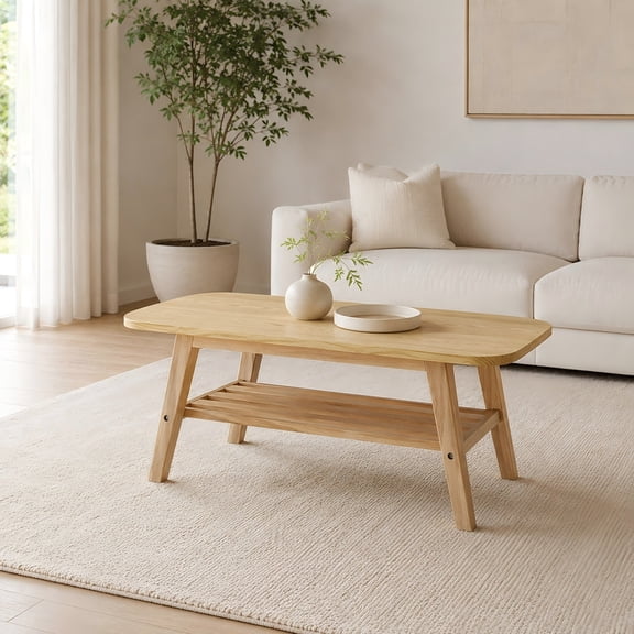 TesNus Coffee Table Double Layer Storage Solid Wood 39 Inch Natural Center Desk for Living Room