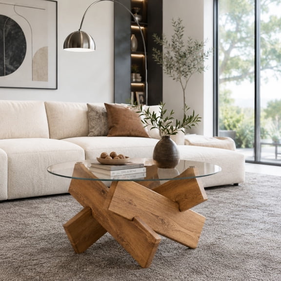 TesNus Coffee Table Modern Round Tempered Glass Top Natural Wood MDF Cross Legs Desk 33 Inch