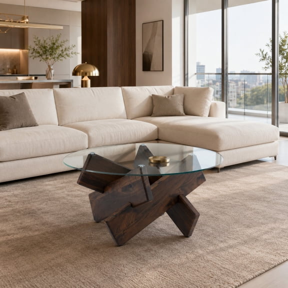 TesNus Coffee Table Modern Round Tempered Glass Top Walnut MDF Cross Legs Desk 33 Inch