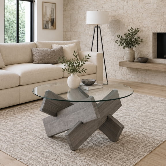 TesNus Coffee Table Round Clear Tempered Glass Gray Wood Grain Cross X Base MDF Desk 33 Inch