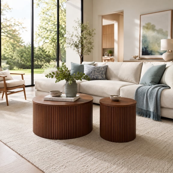 TesNus Coffee Table Set of 2 Walnut Wood Grain MDF Round Nesting Storage Side Desk 27.5 Inch
