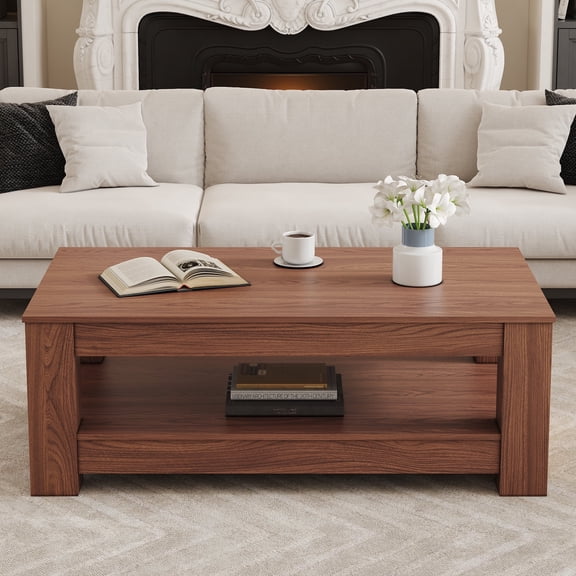 TesNus Coffee Table with Storage, 2-Tier Mid Century Rectangular Accent Table with Thick Tabletop, Rustic Style Cocktail, Center Table for Living Room, Office, Apartment (Walnut)
