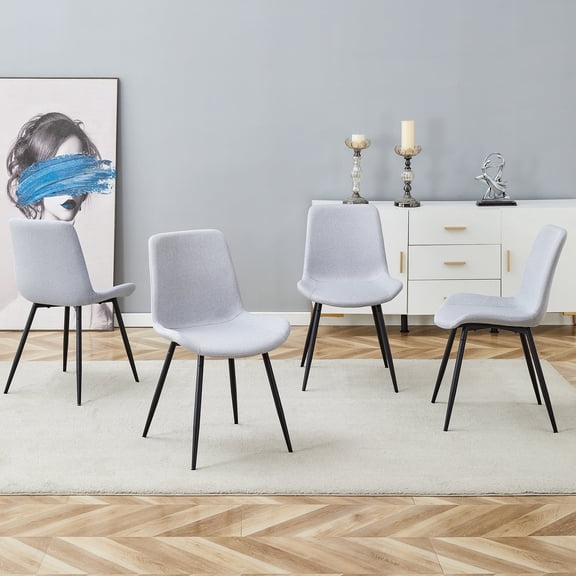 TesNus Light Grey Linen-Cotton Dining Chairs Set of 4, Upholstered Modern Seat with Black Metal Legs for Dining Room Kitchen
