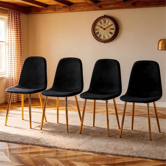 TesNus Modern Dining Chairs Set of 4, Black Linen-Cotton Upholstered Seats with Gold Metal Legs for Kitchen Dining Room