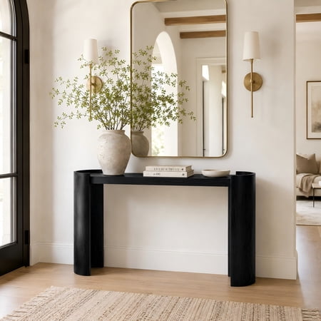 TesNus Console Table Black Wood Grain Curved Edge MDF Minimalist Sofa Side Desk 53 Inch for Entryway