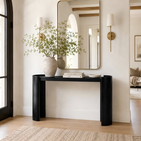 TesNus Console Table Black Wood Grain Curved Edge MDF Minimalist Sofa Side Desk 53 Inch for Entryway