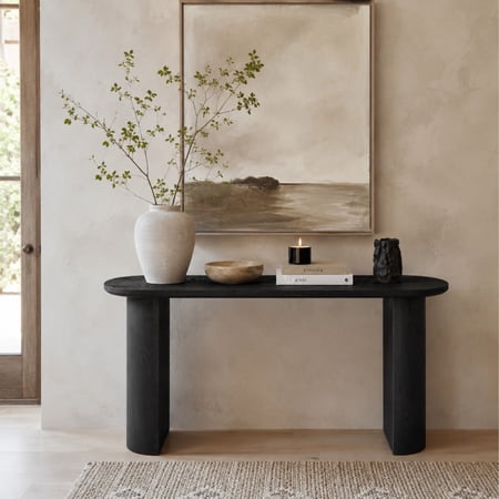 TesNus Console Table Black Wood Grain Curved Edge MDF Minimalist Sofa Side Desk 55 Inch for Entryway
