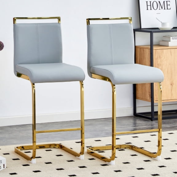 TesNus Counter Height Bar Stools Set of 2 Light Gray Faux Leather Modern 25 Inch Gold Legs for Kitchen