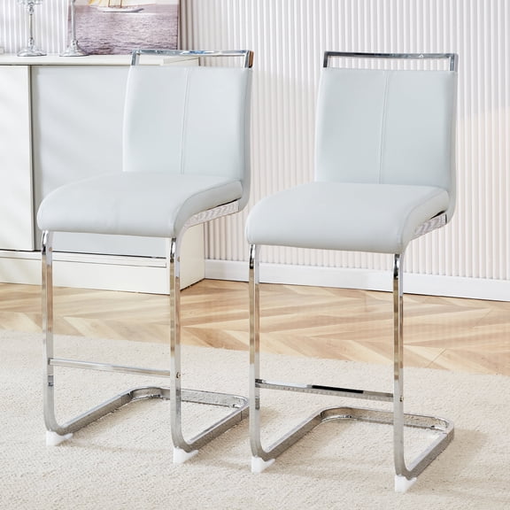 TesNus Counter Height Bar Stools Set of 2 Light Gray Faux Leather Modern 25 Inch Silver Legs for Kitchen