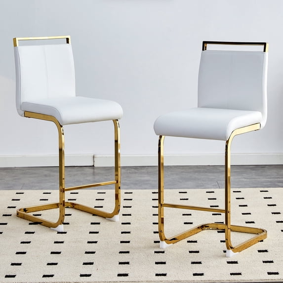 TesNus Counter Height Bar Stools Set of 2 White Faux Leather Modern 25 Inch Gold Legs for Kitchen