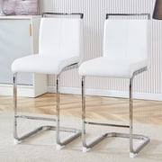 TesNus Counter Height Bar Stools Set of 2 White Faux Leather Modern 25 Inch Silver Legs for Kitchen