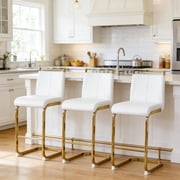 TesNus Counter Height Bar Stools Set of 3 White Faux Leather Modern 25 Inch Gold Legs for Kitchen
