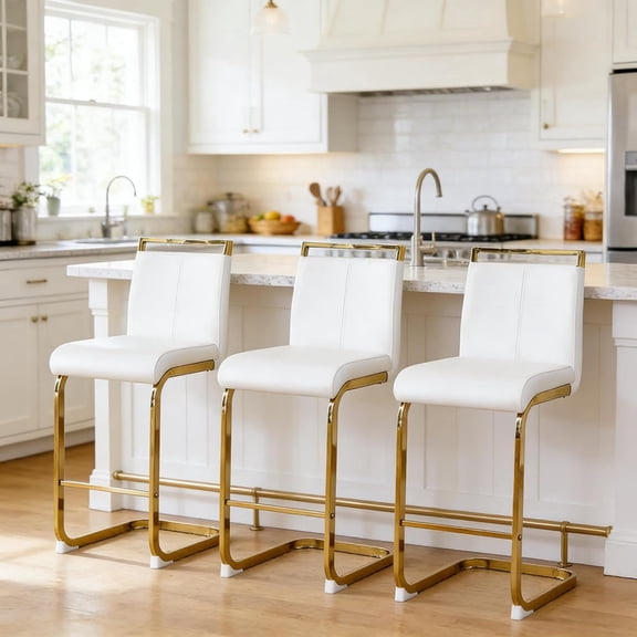 TesNus Counter Height Bar Stools Set of 3 White Faux Leather Modern 25 Inch Gold Legs for Kitchen