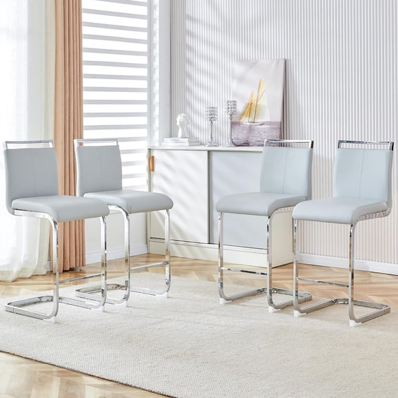 TesNus Counter Height Bar Stools Set of 4 Light Gray Faux Leather Modern 25 Inch Silver Legs for Kitchen
