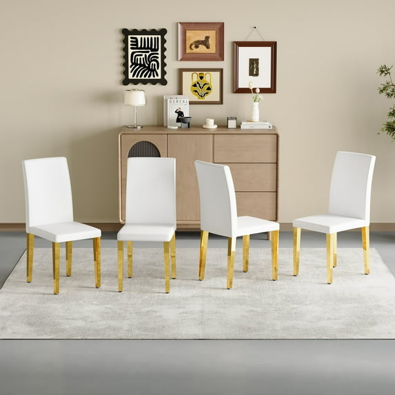 TesNus White Dining Chairs Set of 4, Faux Leather Upholstered High Back Chairs with Gold Metal Legs for Dining Room, Kitchen, Living Room, Bedroom