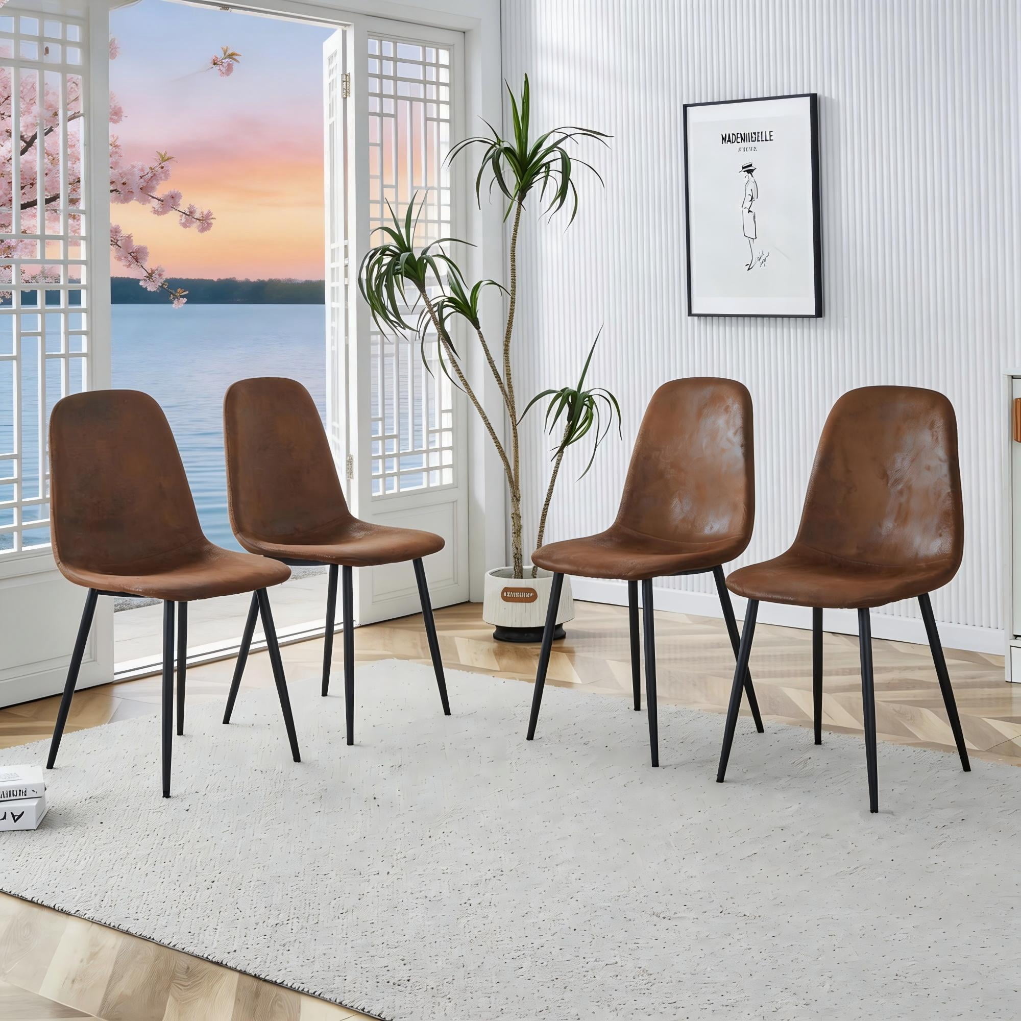 TesNus Dining Chairs Set of 4 Faux Leather Brown Upholstered Black Metal Legs for Dining Room Living Room
