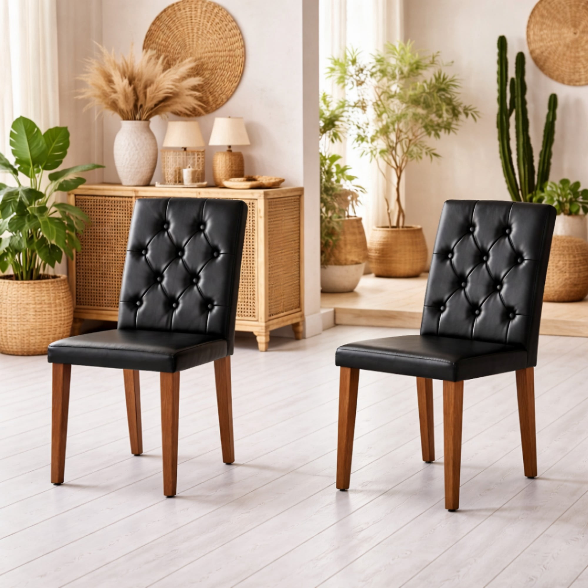 TesNus Dining Chairs Set of 2, 35" Height Black PU Leather Tufted Back Upholstered Chairs with Walnut Metal Legs for Dining Room Kitchen