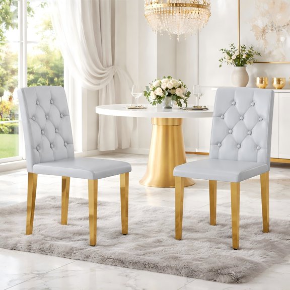 TesNus Dining Chairs Set of 2, 35" Height Light Gray PU Leather Tufted Back Upholstered Chairs with Gold Metal Legs for Dining Room Kitchen