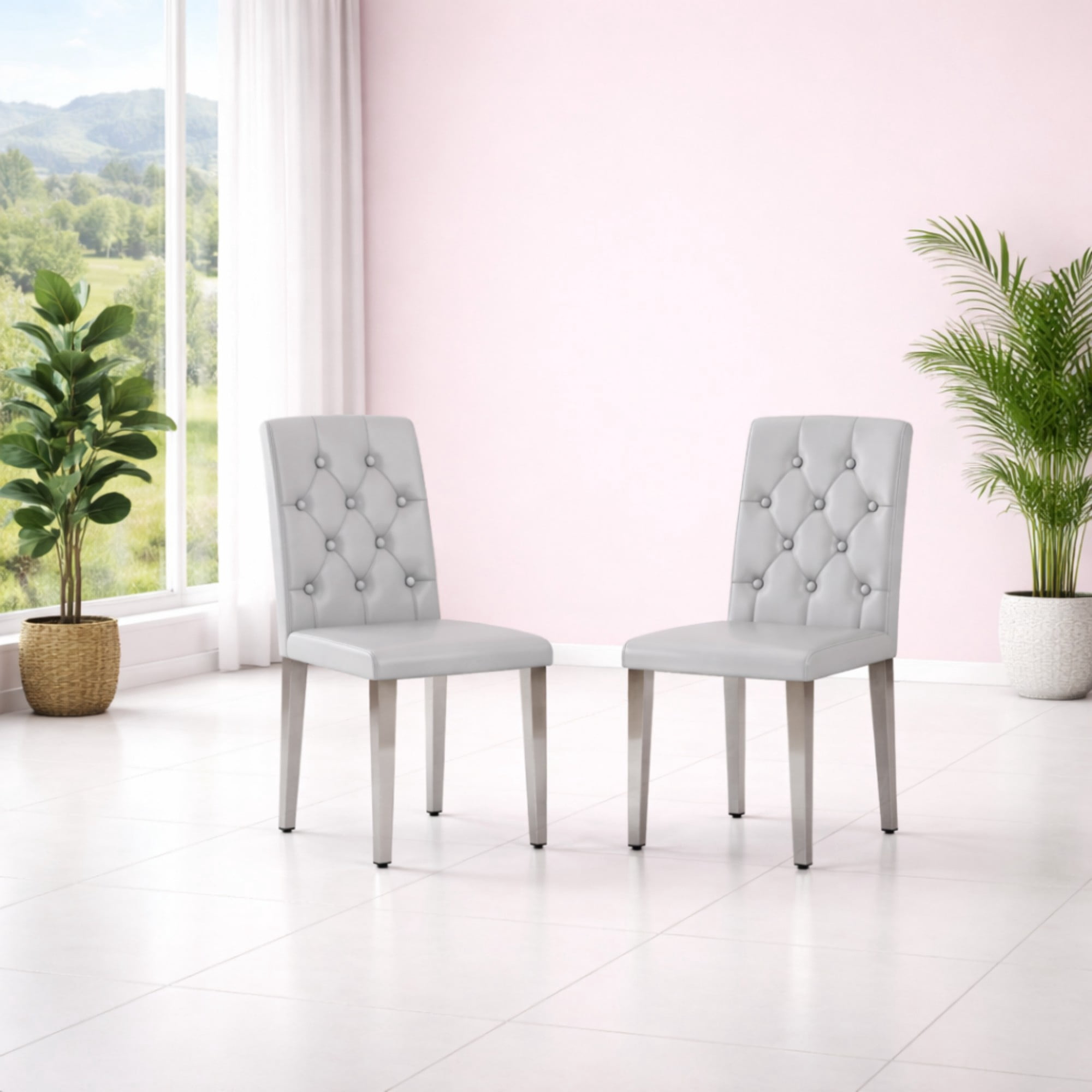 TesNus Dining Chairs Set of 2, 35" Height Light Gray PU Leather Tufted Back Upholstered Chairs with Silver Metal Legs for Dining Room Kitchen
