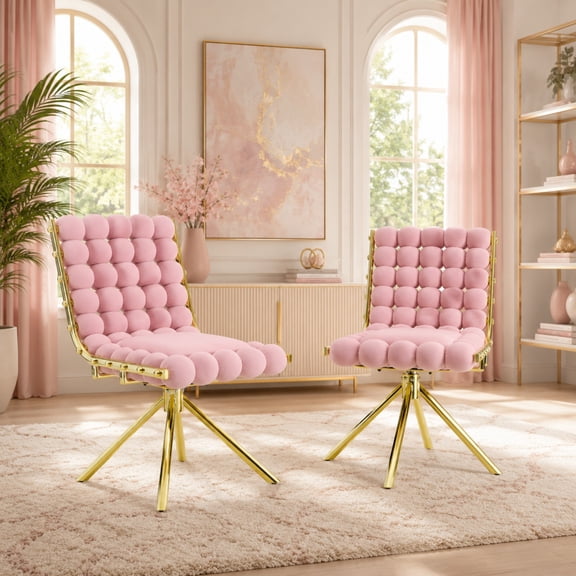 TesNus Dining Chairs Set of 2 Blush Pink Velvet Bubble Ball Backrest 34 Inch Gold Metal Legs for Kitchen
