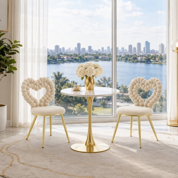 TesNus Dining Chairs Set of 2 Modern Beige Velvet Heart Bubble Vanity Stool Gold Legs 34 Inch
