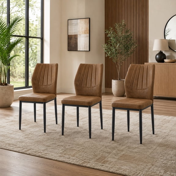 TesNus Dining Chairs 37 inch Brown Upholstered Tech Fabric Shell Back Black Metal Legs Set of 3 Kitchen Dining Room